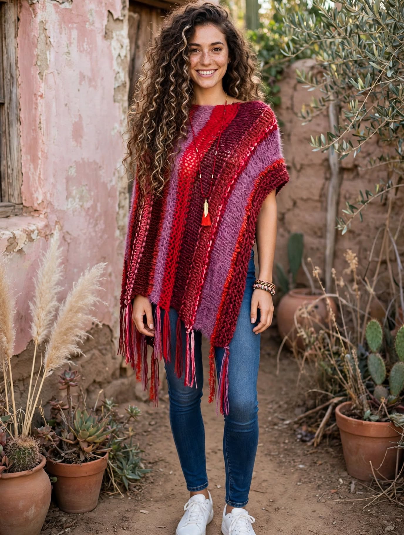 PONCHO ROJOS-FUCSIAS TEJIDOS DE KARLA