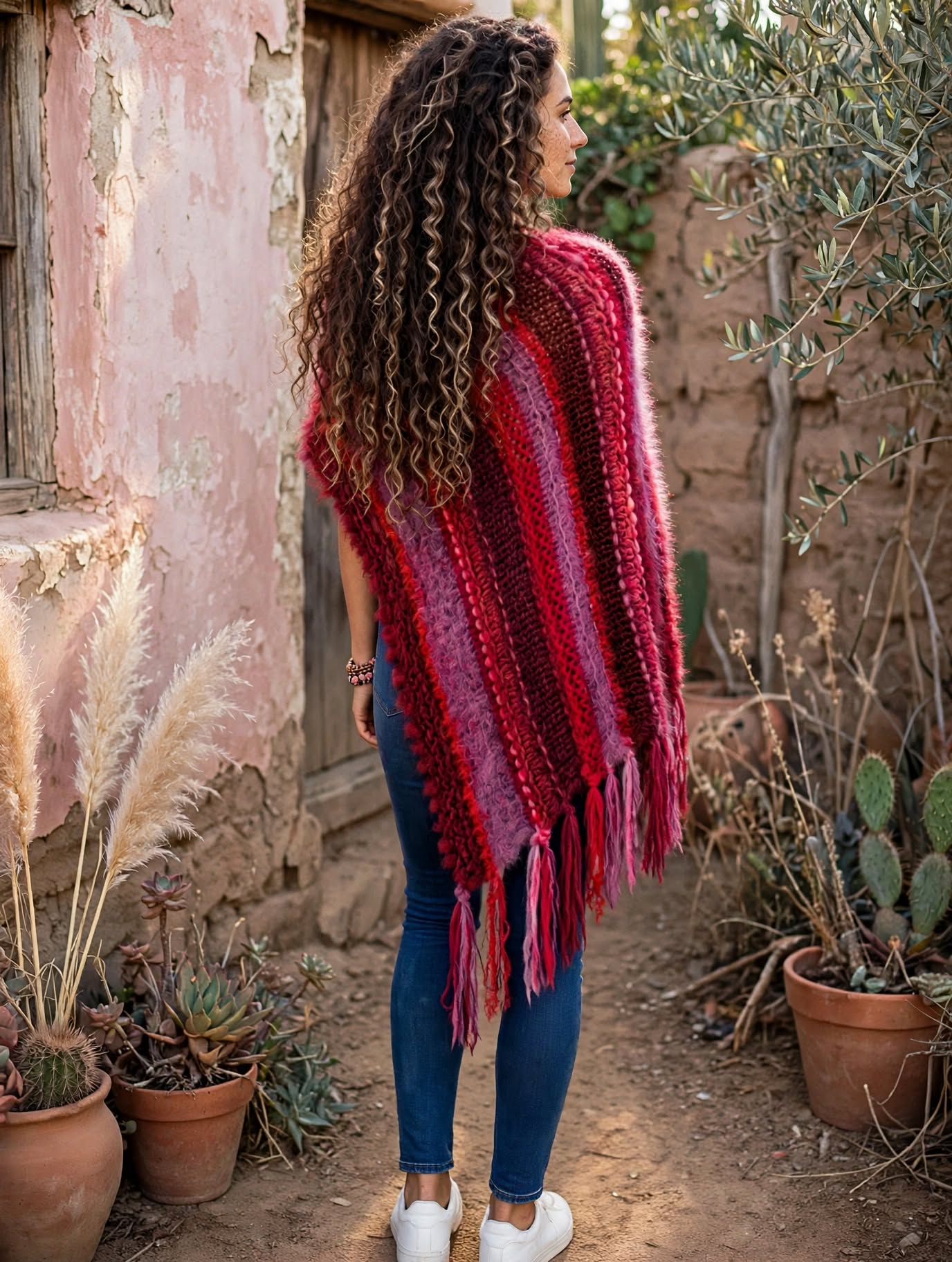 PONCHO ROJOS-FUCSIAS TEJIDOS DE KARLA