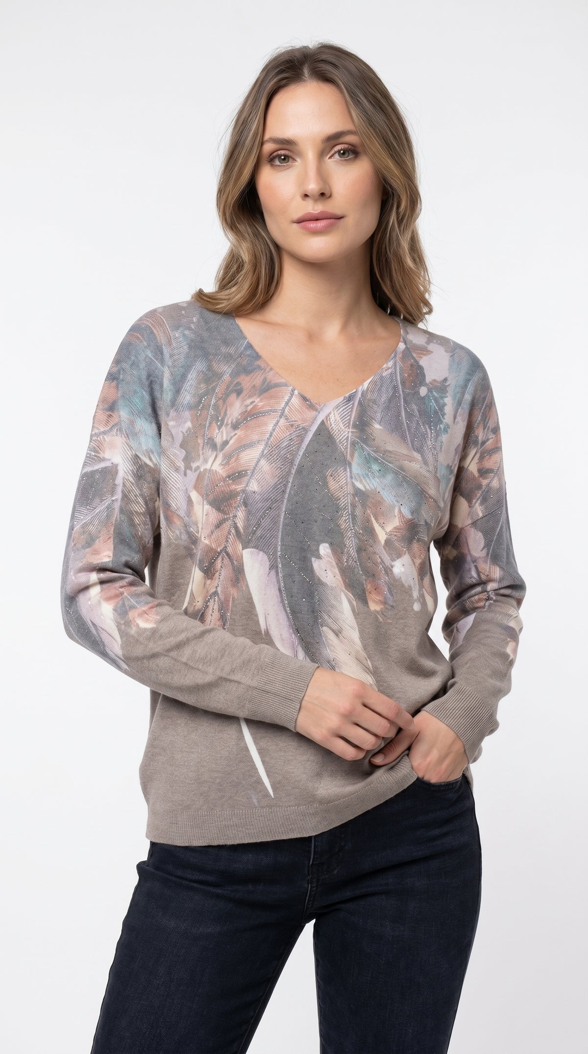 SUETER PINTADO PLUMAS PERLA