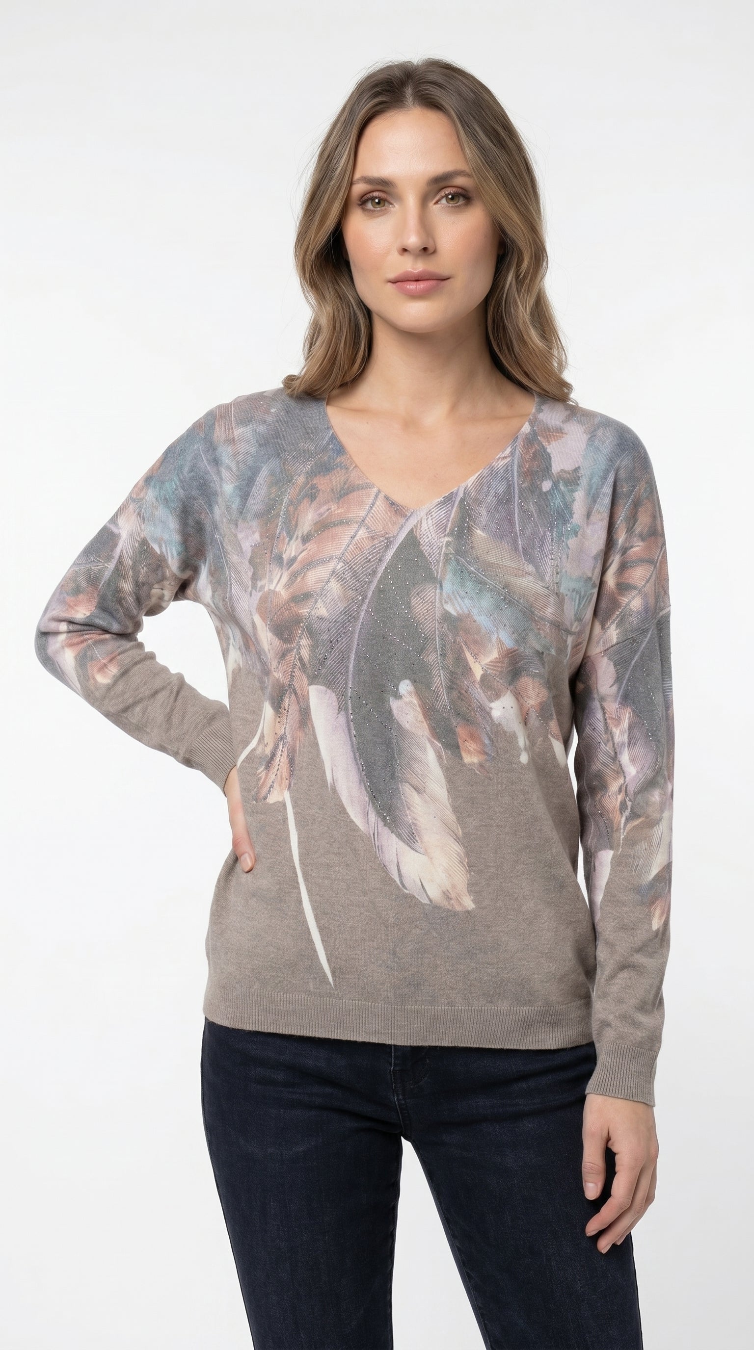 SUETER PINTADO PLUMAS PERLA